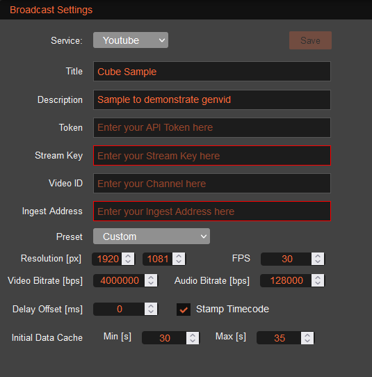 Broadcast Settings - Provider component - Youtube